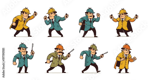 Detective characters posing with magnifying glass in various gestures vector illustration