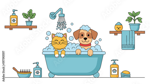 Cute cartoon cat and dog sitting together in a blue bathtub filled with bubbles and foam in a clean pet grooming salon bathroom.