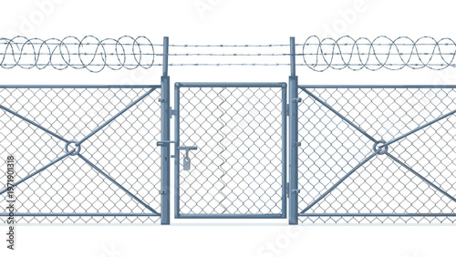 High security metal chain link fence with a locked gate and razor wire on top isolated on a white background for protection and safety.