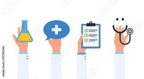 Multiple hands in white lab coats holding medical items like laboratory flasks plus symbols clipboards and stethoscopes for team healthcare support.