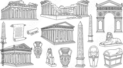 Ancient Greek and Egyptian Landmark Vector Illustration Set Featuring Parthenon Temple Sphinx Obelisk Roman Arch And Archaeological Artifacts.