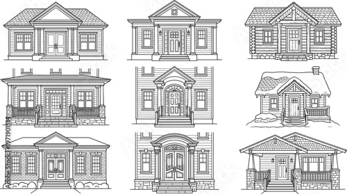 Collection of detailed black and white residential house facade line art illustrations, for real estate and architectural design