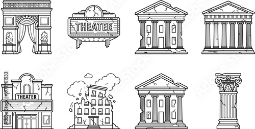 Collection of ruined historical building line art vector illustrations, featuring damaged theaters, broken greek columns, and crumbling architecture
