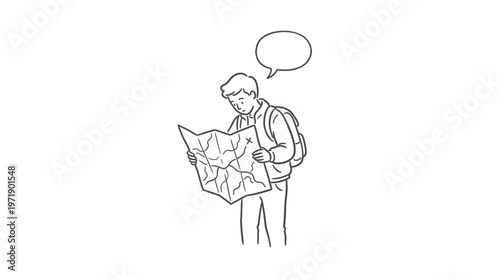 Young traveler or hiker holding a paper map to find his location while pondering the journey with a speech bubble.