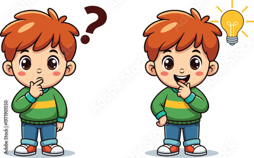 Cute cartoon vector illustration of a little boy thinking with a question mark and finding a bright idea
