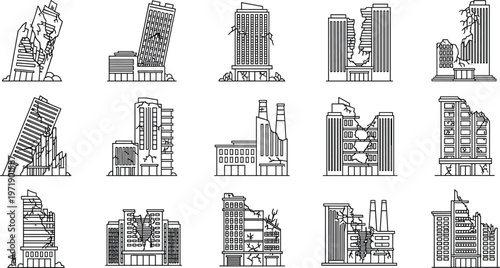 Destroyed Building Icon Set Featuring Ruined Skyscrapers Abandoned Factories Damaged Architecture And Post Apocalyptic Urban Ruins Vector Illustrations.