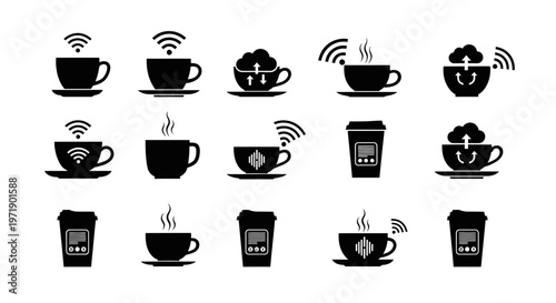 Set of black and white coffee cups with wifi symbols cloud uploads and downloads and sound waves depicting various digital concepts