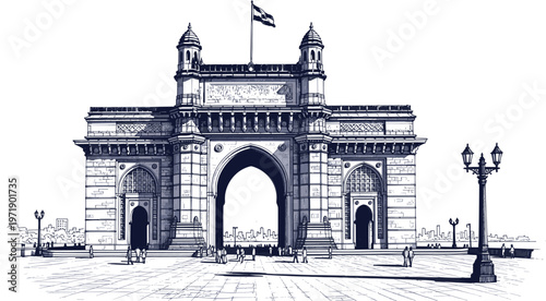 Gateway Of India Mumbai Landmark Vector Illustration Featuring Arch Architecture Historical Monument Tourists And City Skyline Scene Sketch.