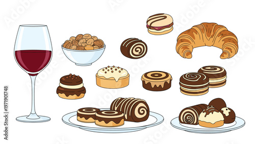 Assortment of chocolate cakes pastries cookies a bowl of nuts and a glass of red wine isolated on a white background for a party menu.