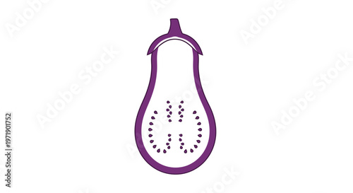 Minimalist purple eggplant cut in half showing seeds icon