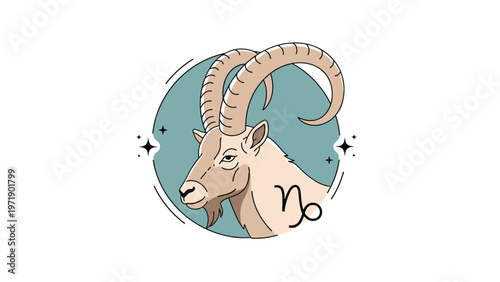 Illustration of the Capricorn zodiac sign featuring a goat head with long horns inside a circle with stars and the astrological symbol.
