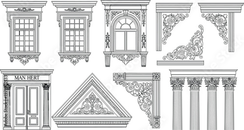 Vintage Architectural Element Set Featuring Ornate Classical Windows Corinthian Columns Decorative Pediment And Baroque Floral Moldings Vector Illustration.