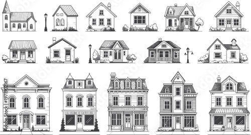 Vintage House Icon Set Featuring Victorian Mansions Suburban Cottages Townhouses And Small Church Building Vector Illustration Line Art.