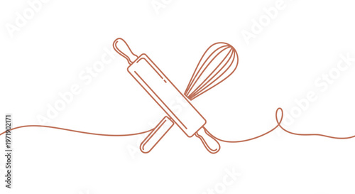 Rolling pin and whisk kitchen baking tools line art