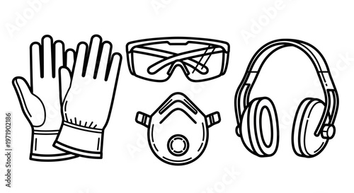 Safety gloves glasses mask earmuffs outline illustration