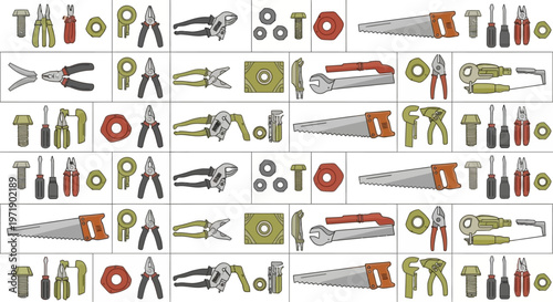 Seamless pattern of various hand tools for DIY and construction