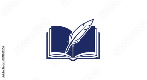 Simple dark blue open book with quill pen icon