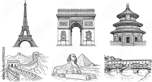 World Landmark Vector Illustration Set Featuring Eiffel Tower Arc de Triomphe Great Wall Sphinx Pagoda and Ponte Vecchio Bridge.