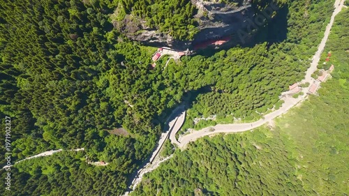 Altindere, Trabzon Province, Turkey. Sumela Monastery. Altindere Valley Park. Coniferous forest on the slopes. Aerial View, HEAD OVER SHOT