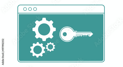 Abstract technology settings window with gears and key symbolizing software development and security.
