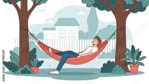 Young man relaxes and sleeps peacefully in a red hammock tied between two large trees in his green backyard garden area.