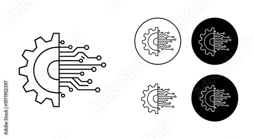 Conceptual technology illustration of a gear merging with circuits and digital elements.