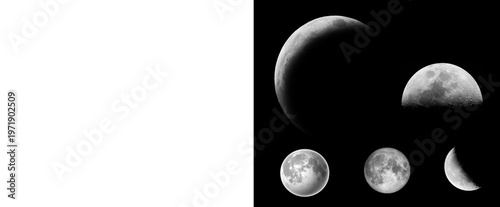 Bild auf Leinwand Collection of Moon Phases Isolated on Black Background - Full Moon, Half Moon, a