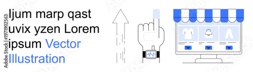 Online shopping, technology trends, user interface, e-commerce innovation, smartwatch applications, digital market growth. Smartwatch with arrow and online storefront graphic. E-commerce