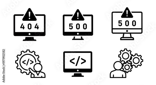 Illustration of web error icons featuring 404 and 500 alerts with coding monitor and gears.