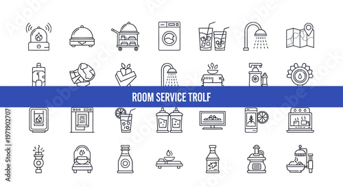 Collection of line icons depicting room service items and trade activities in hotels.