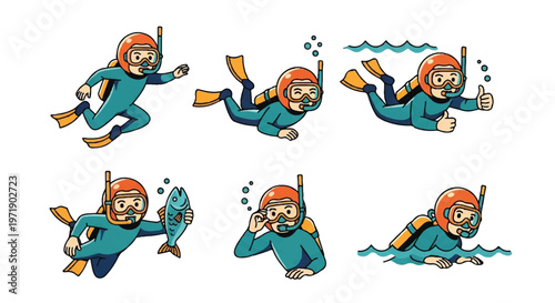 Diver illustrations set underwater exploration and aquatic activities