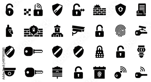 Collection of black vector security and technology icons in a dense grid.