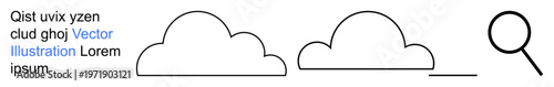 Data storage, networking, online visualization, searching tools, modern interface, digital concepts. Simple line art with two clouds and a magnifying glass. Data storage and networking symbolism