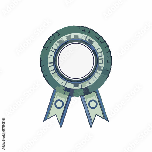 Blue and green financial rosette badge vector with ribbon emblem for premium award and certification design