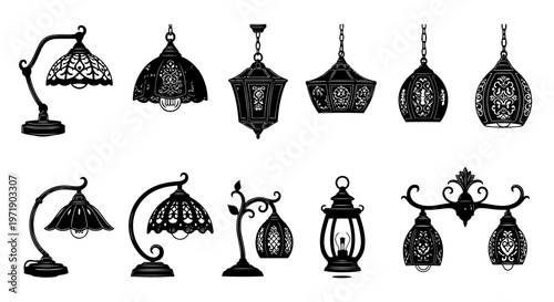 Twelve distinct black lamp icons in a single frame, featuring diverse lamp styles such as hanging, table, floor, and decorative lanterns.