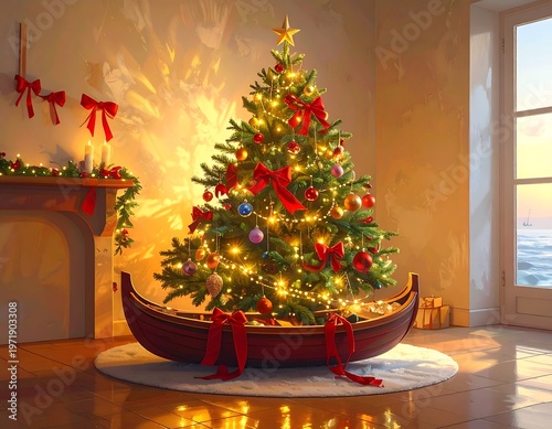 A festively decorated Christmas tree in a cozy living room