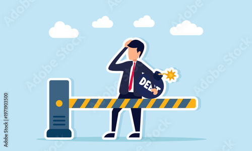Businessman holding debt bomb confused by closed gate access illustration of preventing additional business debt through budget efficiency