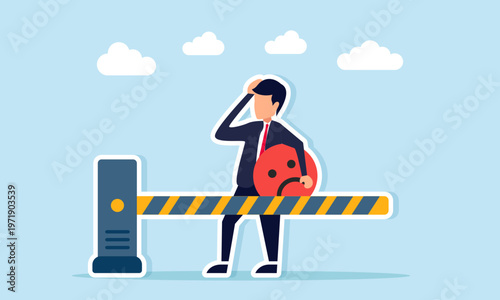 Businessman holding sad or angry emoticon confused by closed gate access illustration of rejecting rushed deadline work and emphasizing proper time management
