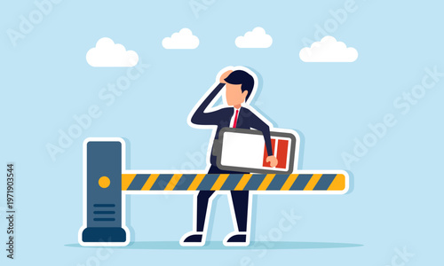 Businessman holding low battery confused by closed gate access illustration of preventing declining team motivation and maintaining work energy