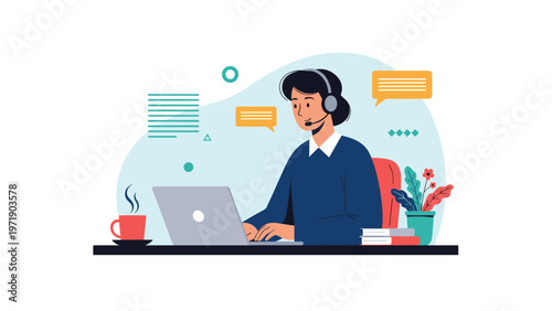 Dedicated customer support woman works on a laptop with a headset while providing assistance in a modern office setting.