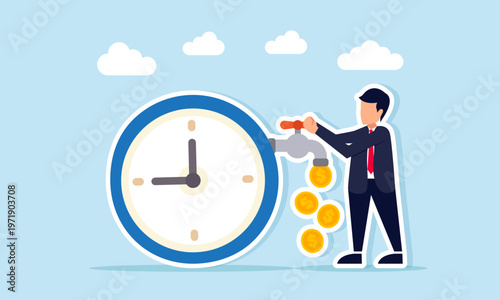 Businessman opening water tap connected to clock releasing dollar coins illustration of profit generation through effective and efficient time management