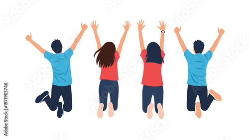 Group of four happy friends seen from behind are jumping high in the air with arms raised to celebrate their joy and success.