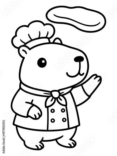 Chef Capybara: A charming, cartoon capybara, dressed in a chef's uniform with a toque, playfully presenting a freshly baked bread, an endearing embodiment of culinary delight.