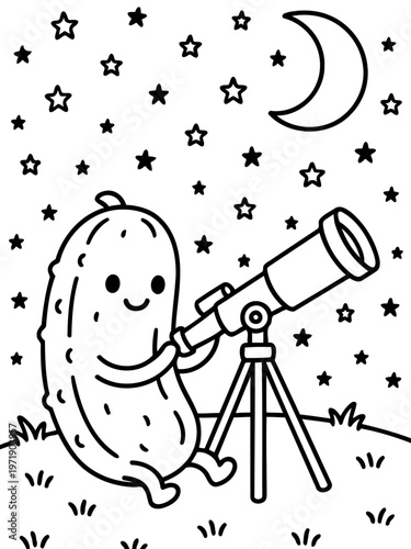 Pickle's Celestial Journey: An endearing illustrated pickle gazes skyward through a telescope, marveling at the moon and stars, embarking on a whimsical astronomical exploration.