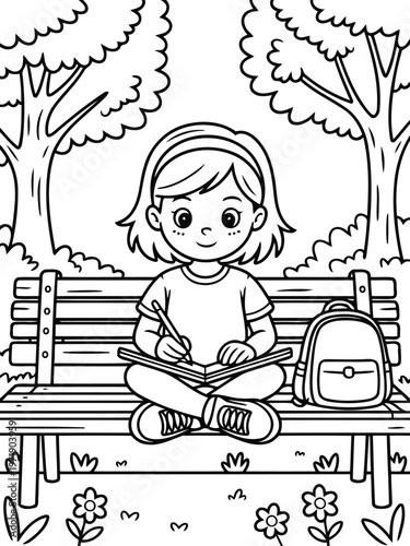 Solitary Studies in Park: A young student, immersed in her studies, finds solace in the serenity of a park bench, the blank page ready to capture her thoughts.