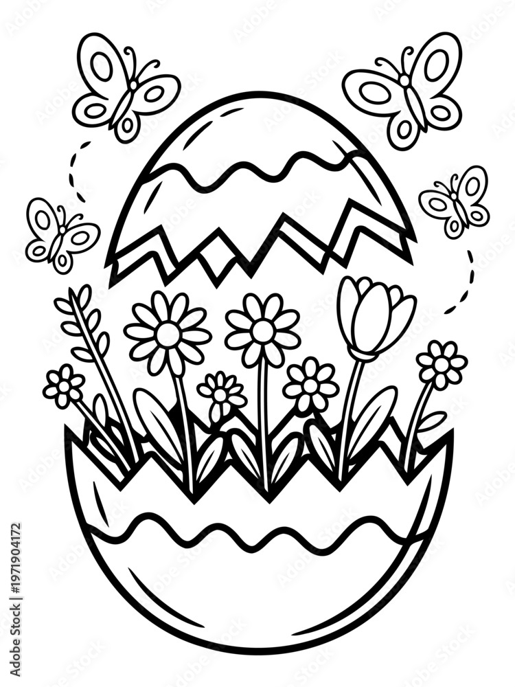 Fototapeta premium Easter Bloom: An artistic illustration showcasing an eggshell blossoming with life, featuring delicate flowers and graceful butterflies. A symbol of rebirth, renewal, and the vibrant season of spring.