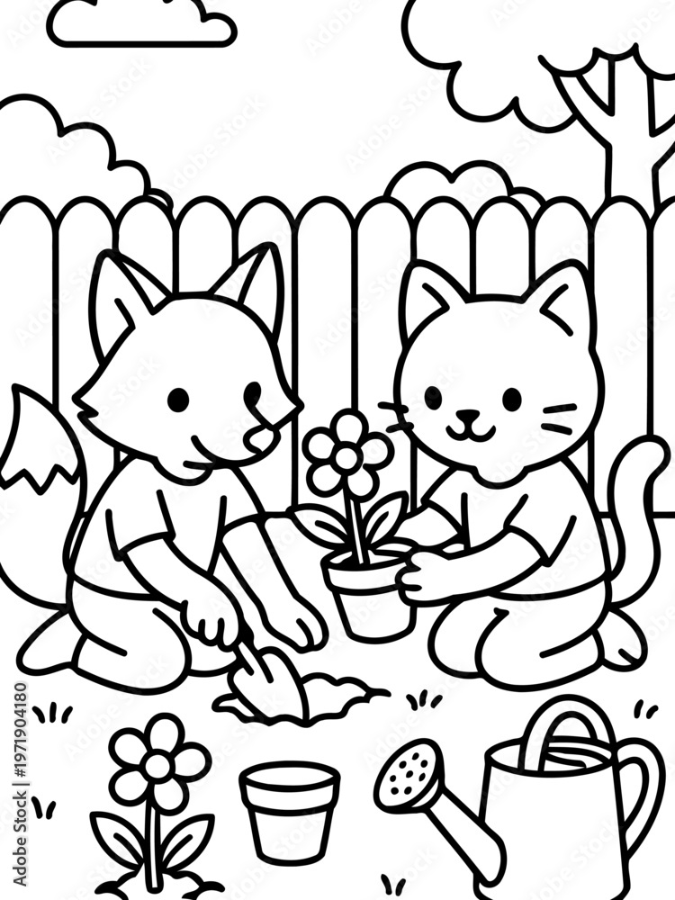 Fototapeta premium Friendly Gardener's Helpers: A heartwarming scene where a cat and fox join together in planting flower in a vibrant garden, conveying a message of friendship, collaboration, and nurturing.