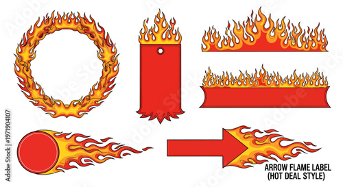 Set of flame themed graphic elements including ring, candle, bars, arrows and flame trails.