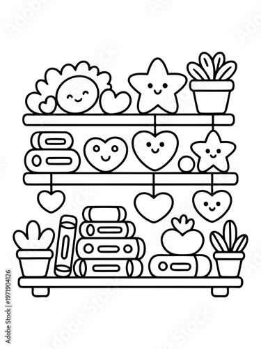Whimsical Bookcase Delights: An adorable illustrated bookcase brimming with books, charming shapes, and potted plants, radiating joy and warmth.