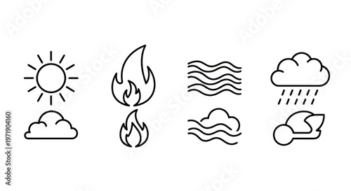 Collection of Weather and Element Icons Featuring Sun, Fire, Water Waves and Rain.